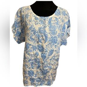Bellambria Italy all linen blue white watercolor floral pullover ladies tunic SM